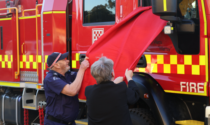 Joe Watts and CFA board member Beth Davidson OAM reveal the Inglewood tanker's new name